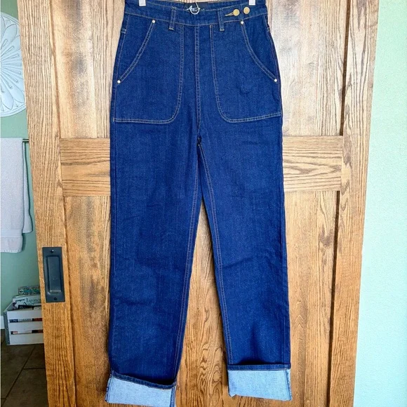 💙NEW Astro Bettie💙 1940s style Women's Dark Blue Denim Jeans - Picture 1 of 11